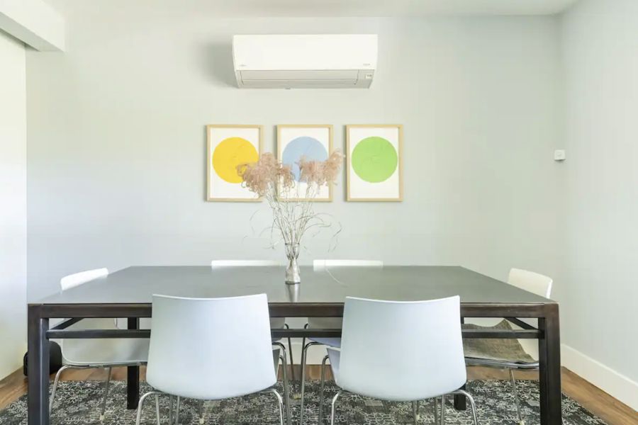 Dining table under three circle prints